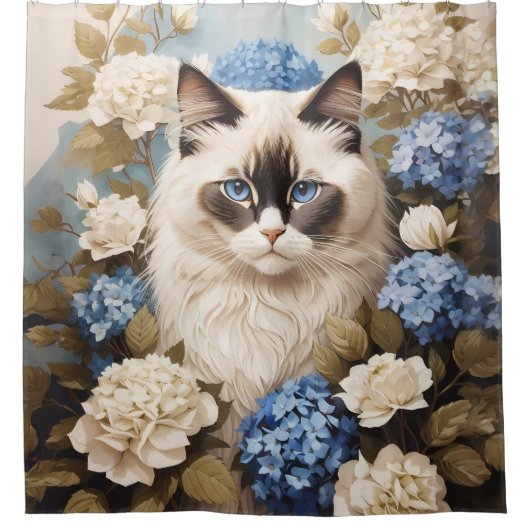 Rideaux De Douche Chat Ragdoll Avec Fleurs Bleues D'Hydrangée (Devant)