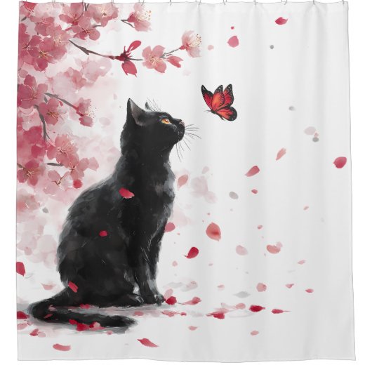 Rideaux De Douche Chat Sakura et Papillons (14) (Devant)