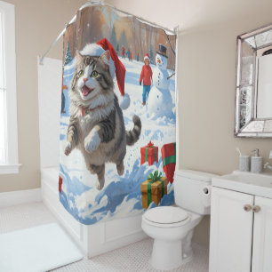 Rideaux De Douche Chat Sibérien Courant dans la Neige avec un Chapea