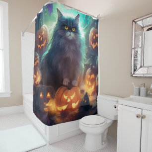 Rideaux De Douche Chat Sibérien Halloween Avec Citrouilles Effrayant