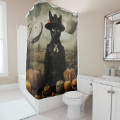 Rideaux De Douche Chat sorcière avec citrouilles (En situation)