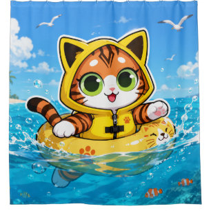 Rideaux De Douche Chat Tabby Kawaii en Gilet de Sauvetage Jaune & Ce