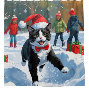 Rideaux De Douche Chat Tuxedo Courant dans la Neige avec un Chapeau