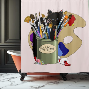Rideaux De Douche Chaton noir Pinceau Pot de peinture Artiste Chat R