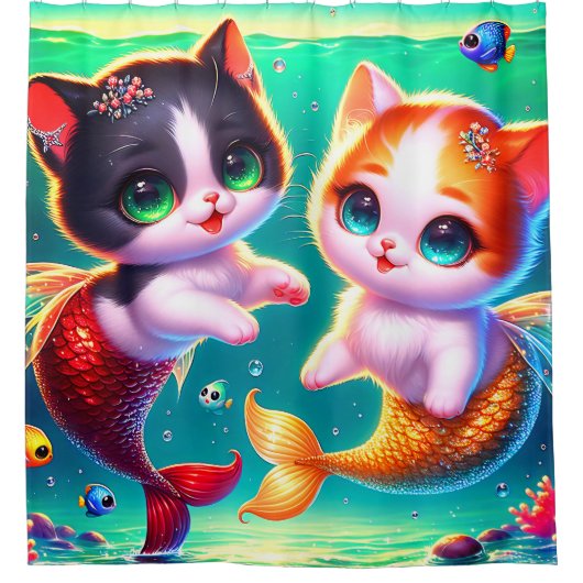 Rideaux De Douche "Chatons de sirène avec amis de poissons" (Devant)