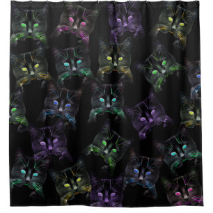 Rideaux De Douche Chats cool sur Noir ! Chats funky multicolores.
