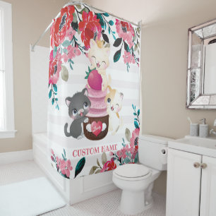 Rideaux De Douche Chats de dessin animé floraux fantaisistes Gâteau