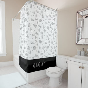 Rideaux De Douche Chats Mignons Noir et Blanc Motif Doodle