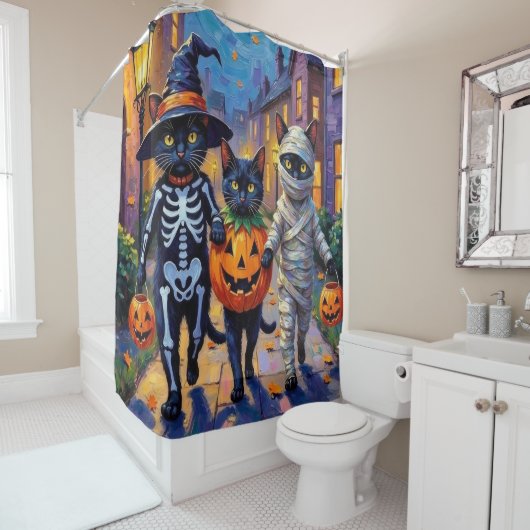 Rideaux De Douche Chats noirs en costumes d'Halloween (En situation)