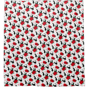 Rideaux De Douche Chats noirs mignons amusants Motif Roses rouges