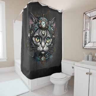 Rideaux De Douche Chatte steampunk mignonne avec des horloges et des