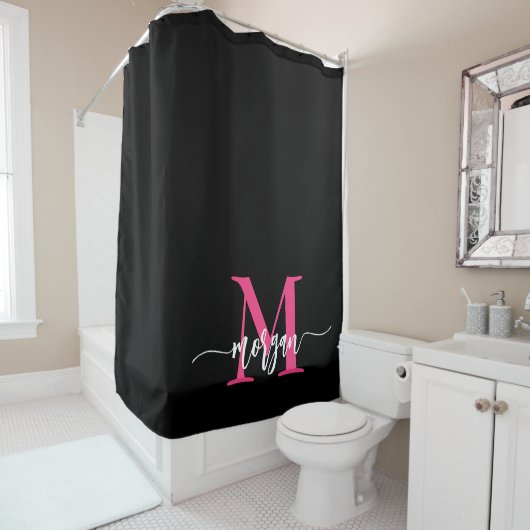 Rideaux De Douche Chaud rose noir moderne Script Girl Monogramme Nom (En situation)