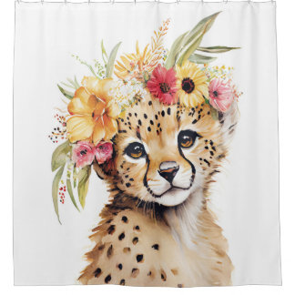 Rideaux De Douche Cheetah Flower Crown Art Aquarelle Safari Wild