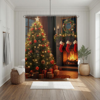 Rideaux De Douche Cheminée classique confortable & arbre de Noël