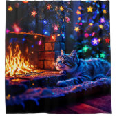 Rideaux De Douche Cheminée confortable chat mignon Joyeux Noël (Devant)