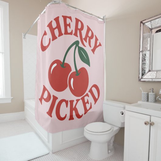Rideaux De Douche Cherry Picted Fruit Retro tendance rose (En situation)