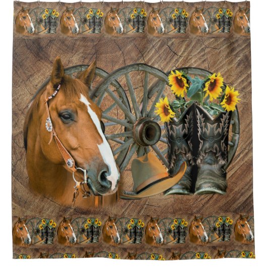 Rideaux De Douche Cheval Cowboy Boots Wagon Wheels Sunflowers Wester (Devant)