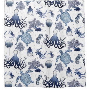 Rideaux De Douche Cheval de mer de la tortue de mer d'Indigo Shibori