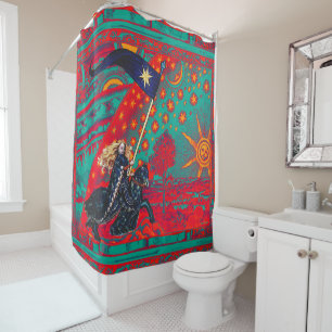 RIDEAUX DE DOUCHE CHEVALIER FEMME DES ÉTOILES CHEVAUCHER EN FLAMMARI