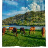 Rideaux De Douche Chevaux Pâturant Près D'Une Rivière Et D'Une Monta (Devant)