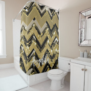 Rideaux De Douche Chevron Noir et Or Nom personnalisé