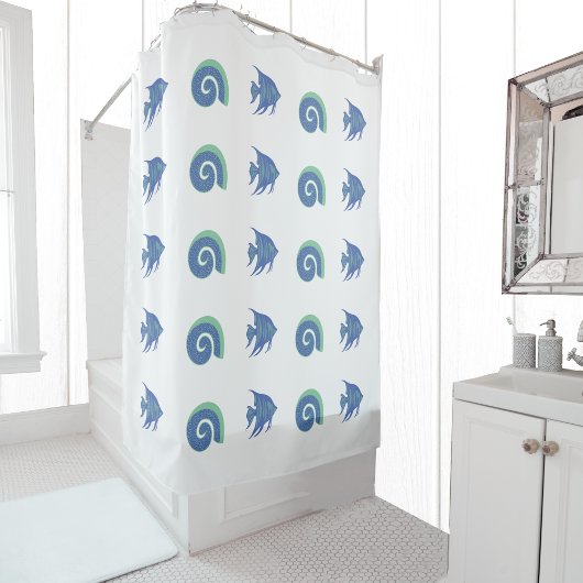 Rideaux De Douche Chic Blue and White Fish Shell Beach House
