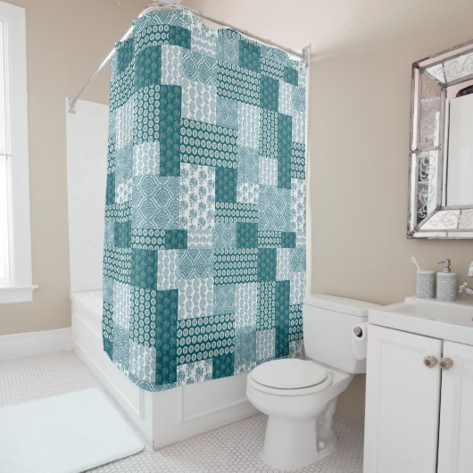 Rideaux De Douche Chic ethnique Faux Patchwork Motif, Turquoise et b (En situation)