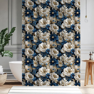 Rideaux De Douche Chic Luxueux Bleu Blanc Ivoire Floral Bain Douche