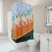 Rideaux De Douche Chic Orange et Cabanas Bleues Style plage (En situation)