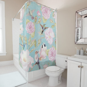 Rideaux De Douche Chic Pastel Turquoise Roses Vintages Motif colibri