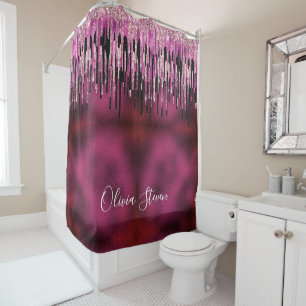 Rideaux De Douche Chic rose chaud noir gouttes parties scintillant m