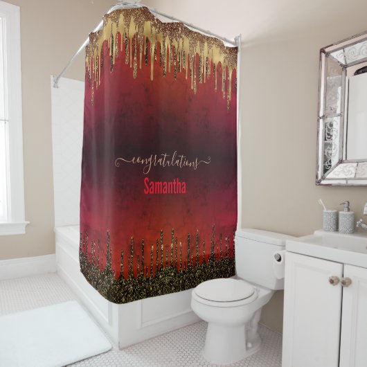 Rideaux De Douche Chic rouge noir et or parties scintillant gouttes  (En situation)