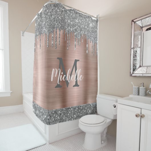 Rideaux De Douche Chic Silver Grey Parties scintillant Drivers Pink (En situation)