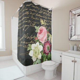 Rideaux De Douche Chic vintage de Roses Shabby avec un script d'or