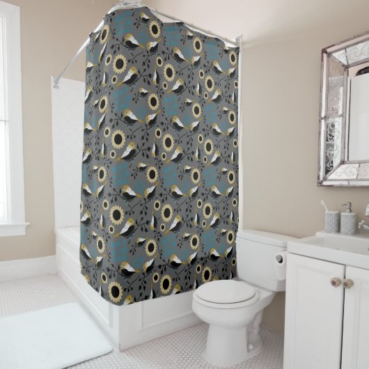 Rideaux De Douche Chickadees Gris noir Motif (En situation)