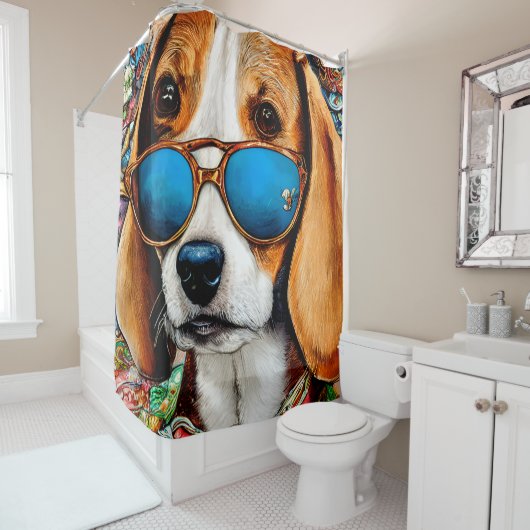 Rideaux De Douche Chien beagle avec lunettes de soleil (En situation)