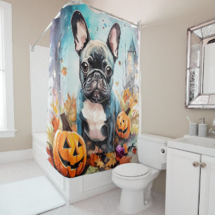 Rideaux De Douche Chien Bouledogue Français Halloween avec citrouill