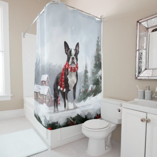 Rideaux De Douche Chien de Boston Terrier pendant Noël de neige (En situation)
