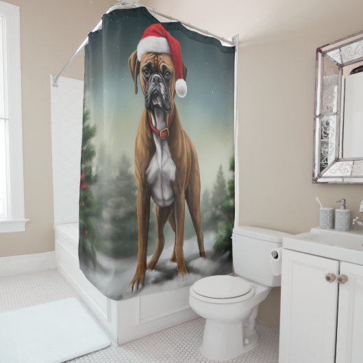 Rideaux De Douche Chien de boxe en Noël de neige (En situation)