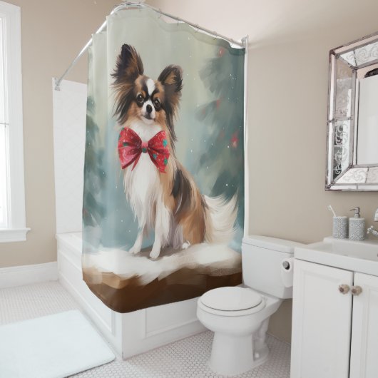 Rideaux De Douche Chien de Papillon à Noël de neige (En situation)