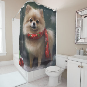 Rideaux De Douche Chien de Poméranie en Noël de neige