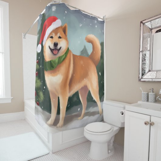 Rideaux De Douche Chien de Shiba Inu à Noël de neige (En situation)