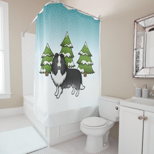 Rideaux De Douche Chien-Drapeau De Shetland Bi-Noir Dans Une Forêt D (En situation)