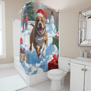 Rideaux De Douche Chien Pitbull courant dans la neige avec un chapea