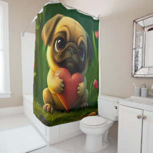 Rideaux De Douche Chien Pug Chiot Coloré Mignon Tenant un Cœur