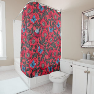 Rideaux De Douche Chien rose et papillons en rouge et bleu
