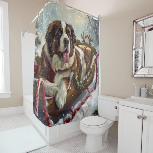Rideaux De Douche Chien Saint-Bernard Noël Festif (En situation)