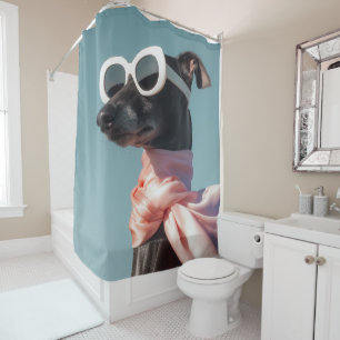 Rideaux De Douche Chien Stylé Avec Lunettes De Soleil Écharpe