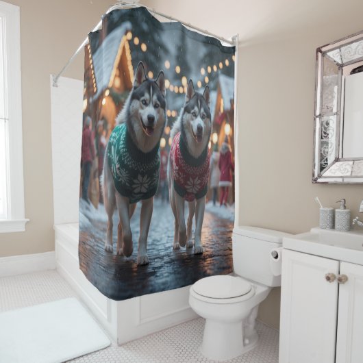 Rideaux De Douche Chiens Husky Sibérien Noël Neige Vacances (En situation)
