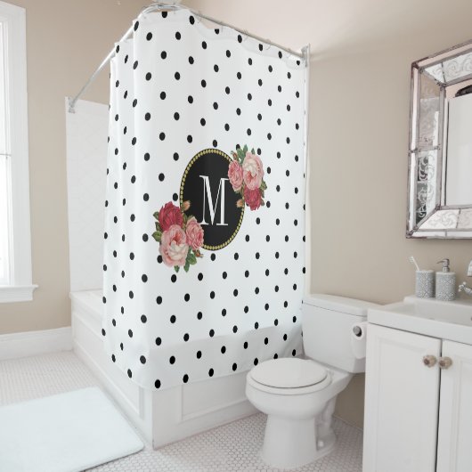 Rideaux De Douche Chiffres noirs blancs élégants Monogramme floral a (En situation)